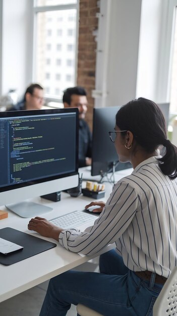 diverse office indian it programmer working on desktop computer