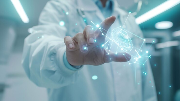 Foto doctor surgeon uses their finger to touch a virtual holographic internal body system generative a