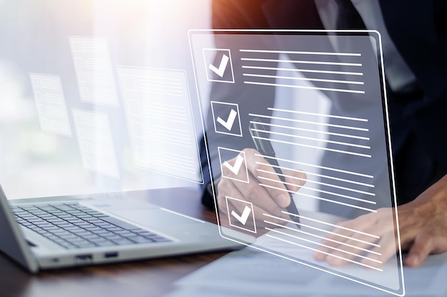 Document Checklist concept Businessman using computer for DMS documents management and ERP software for Document system management Automation software to archiving and efficiently manage information