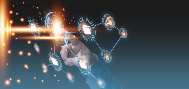 document management system businessman touching icon virtual online database and process automation to manage files knowledge and documentation in the company