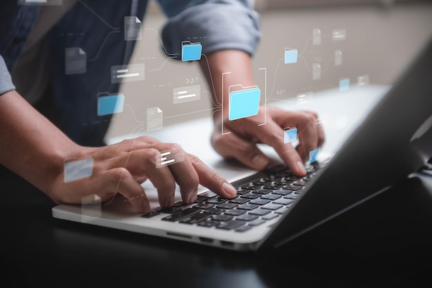 Document management system concept business man searching folder and document icon software searching and managing files online document database software development lean project management tool