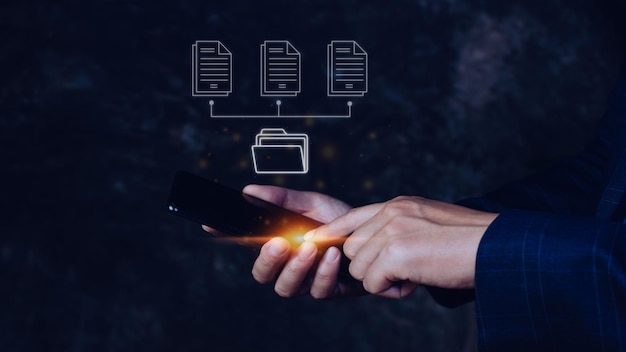 Document Management System DMS on smartphone Online documentation database process automation to efficiently manage files knowledge and documentation enterprise with ERP Corporate business technology