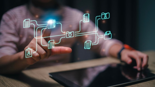 Document Management System DMS online documentation database and process automation to efficiently manage files knowledge and documentation in enterprise with ERP Corporate business technology