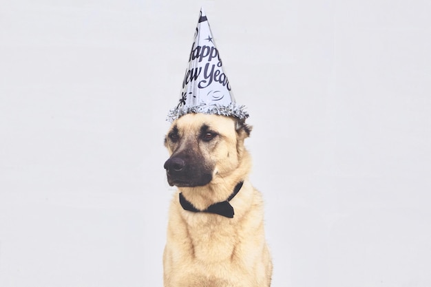 Dog wearing party hat against white background