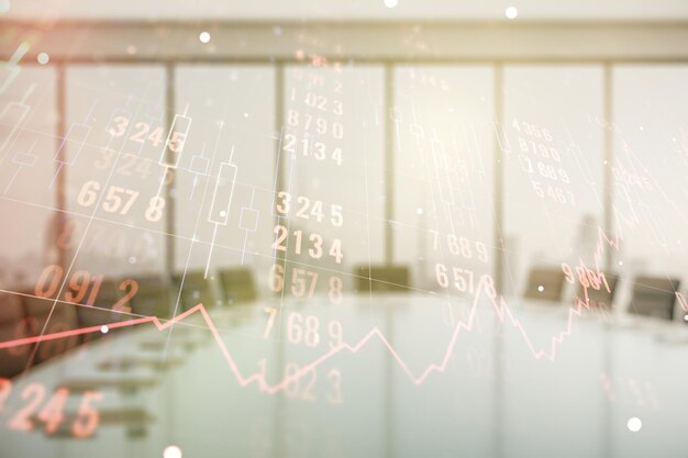 double exposure of abstract creative statistics data hologram on a modern boardroom background analytics and forecasting concept