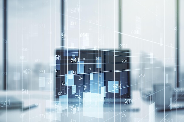 Double exposure of abstract creative statistics data hologram on laptop background statistics and analytics concept