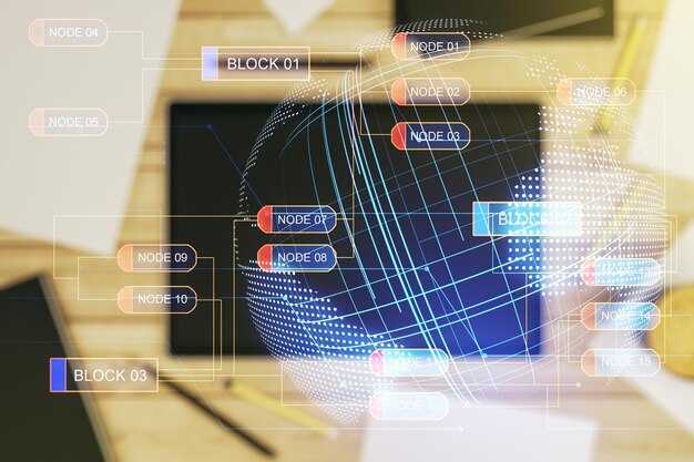 Double exposure of abstract programming language hologram with world map and digital tablet on background top view research and development concept