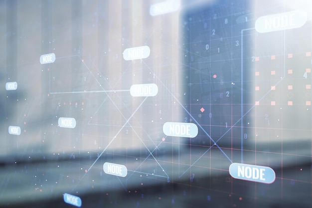 Double exposure of abstract programming language interface on modern business center exterior background research and development concept