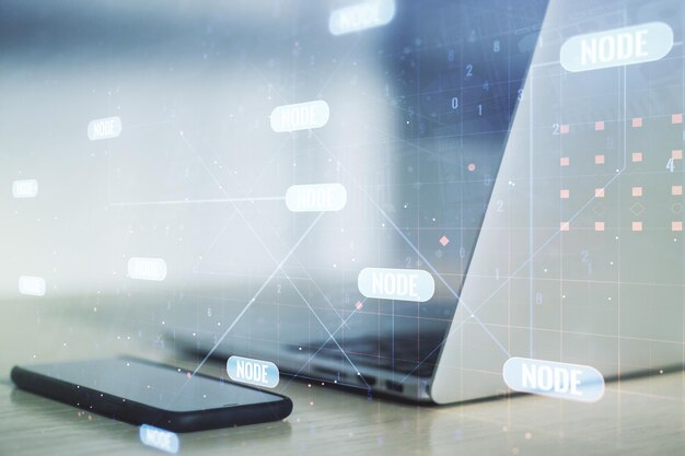 Double exposure of abstract programming language on laptop background research and development concept