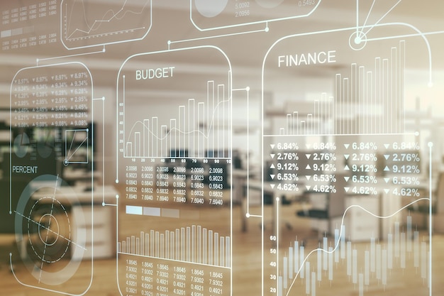 double exposure of abstract virtual statistics data hologram on modern corporate office background statistics and analytics concept