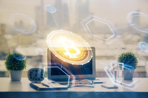 double exposure of blockchain and crypto economy theme hologram and table with computer background concept of bitcoin cryptocurrency