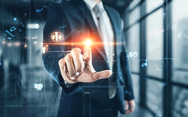 Double exposure of business Asian push button touch screen display AI_Generated