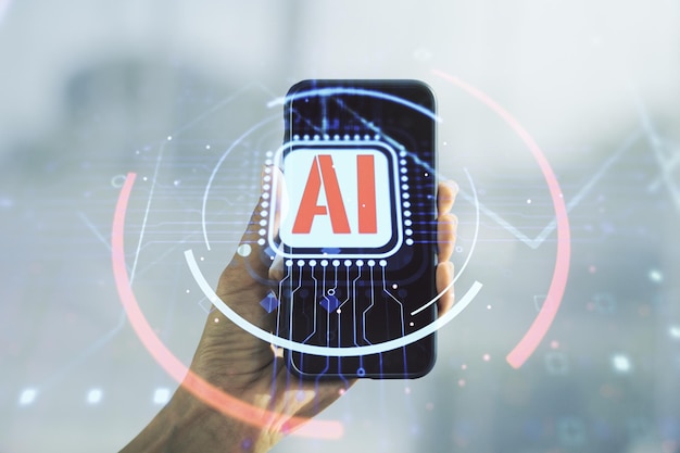 double exposure of creative artificial intelligence abbreviation and hand with cellphone on background future technology and ai concept