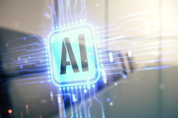 double exposure of creative artificial intelligence icon on a modern meeting room background neural networks and machine learning concept