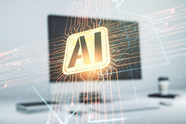 Double exposure of creative artificial Intelligence icon with modern laptop on background Neural networks and machine learning concept