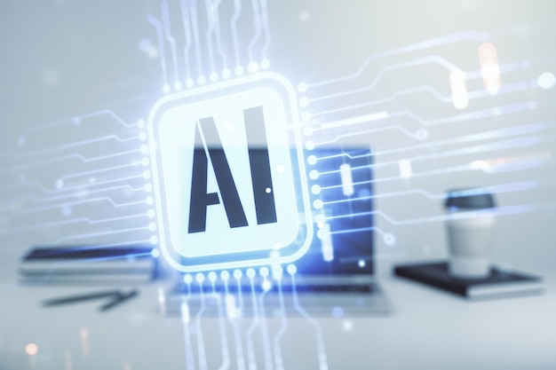 double exposure of creative artificial intelligence icon with modern laptop on background neural networks and machine learning concept