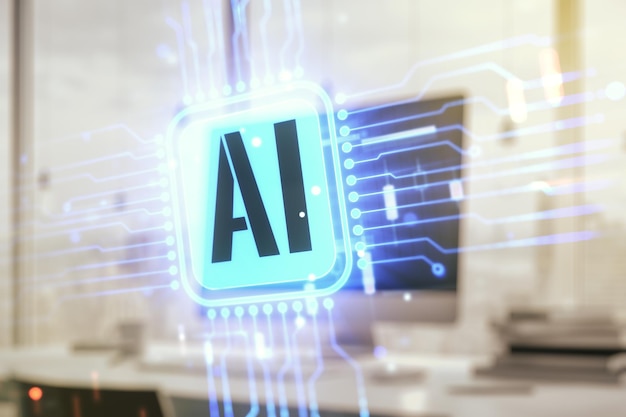 double exposure of creative artificial intelligence icon with modern laptop on background neural networks and machine learning concept