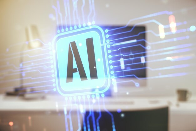 double exposure of creative artificial intelligence icon with modern laptop on background neural networks and machine learning concept