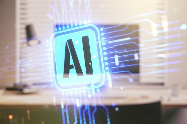 double exposure of creative artificial intelligence icon with modern laptop on background neural networks and machine learning concept