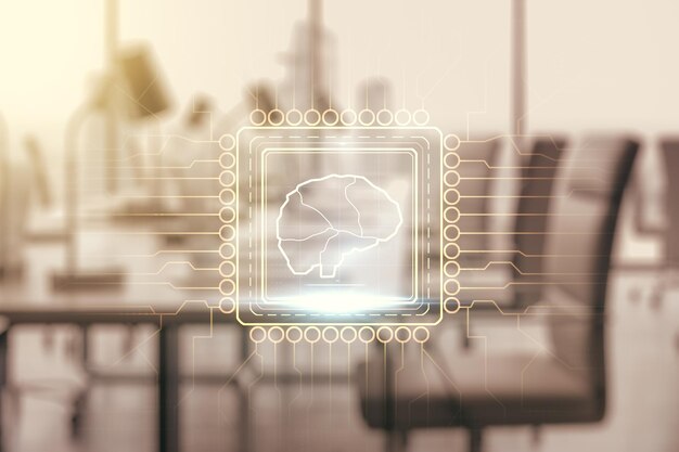 double exposure of creative artificial intelligence interface on modern corporate office background neural networks and machine learning concept