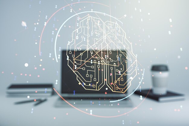 Double exposure of creative artificial Intelligence symbol with modern laptop on background Neural networks and machine learning concept