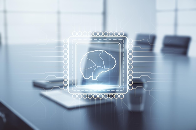 double exposure of creative human brain microcircuit with computer on background future technology and ai concept