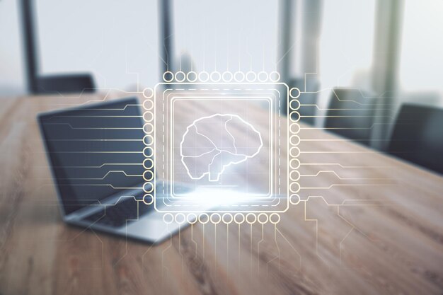 double exposure of creative human brain microcircuit with computer on background future technology and ai concept