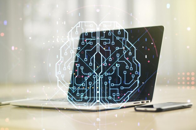 double exposure of creative human brain microcircuit with computer on background future technology and ai concept