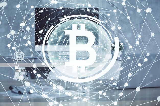 Double exposure of crypto technology theme drawing and office interior background Concept of blockchain