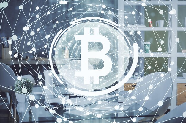 Double exposure of crypto technology theme drawing and office interior background Concept of blockchain