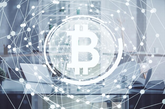 Double exposure of crypto technology theme drawing and office interior background Concept of blockchain