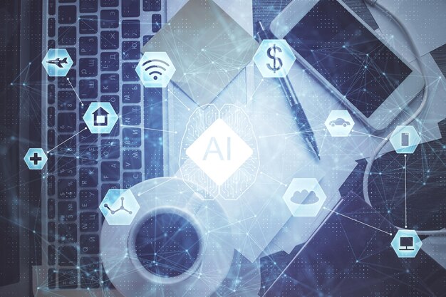double exposure of data drawing hologram over topview of study desk background with computer concept of ai