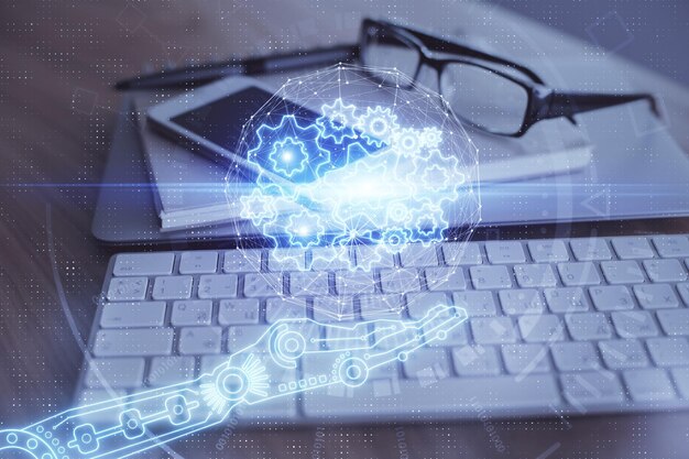 Double exposure of data theme drawing and mobile phone background Concept of innovation