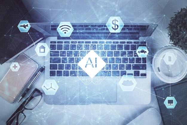 double exposure of data theme drawing hologram over topview work table background with computer concept of technology