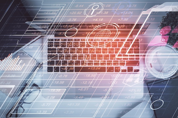 Double exposure of data theme drawing hologram over topview work table background with computer Concept of technology