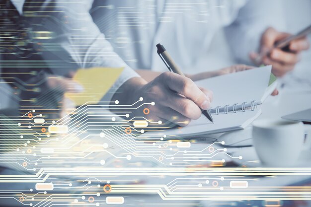 double exposure of data theme sketch drawing over people writing background concept of technology