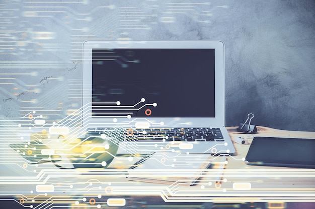double exposure of desktop computer and technology theme hologram concept of software development