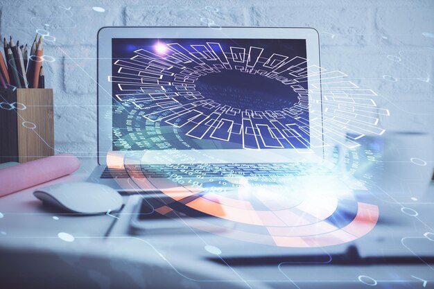 Double exposure of desktop with personal computer on background and tech theme drawing Concept of Bigdata
