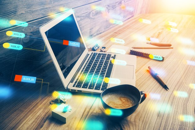 Double exposure of desktop with personal computer on background and tech theme drawing Concept of data analysis