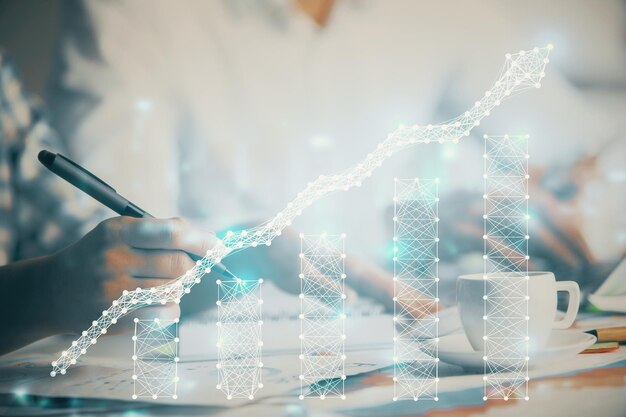 Double exposure of forex graph drawing over people taking notes background Concept of financial analysis