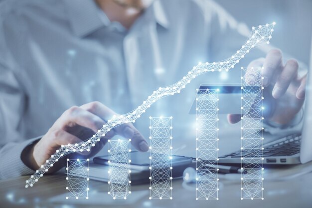 Double exposure of man hands holding a credit card and Forex graph drawing Stock trading and digital fintech in Internet Ecommerce concept