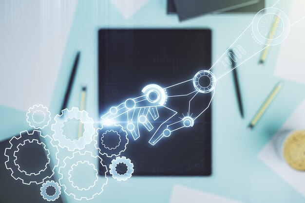 double exposure of robotics technology hologram and digital tablet on background top view research and development software concept