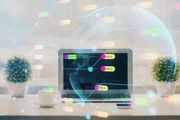 Double exposure of table with computer on background and data theme drawing Concept of innovation