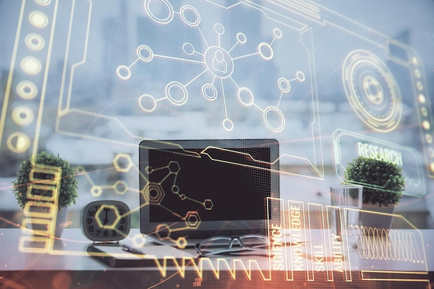 Double exposure of table with computer on background and data theme drawing Concept of innovation