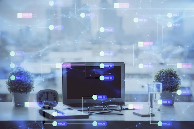 Double exposure of table with computer on background and data theme drawing Concept of innovation