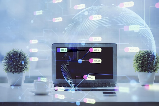 Double exposure of table with computer on background and data theme drawing Concept of innovation