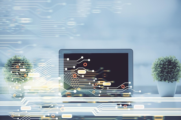 Double exposure of table with computer on background and data theme drawing Concept of innovation
