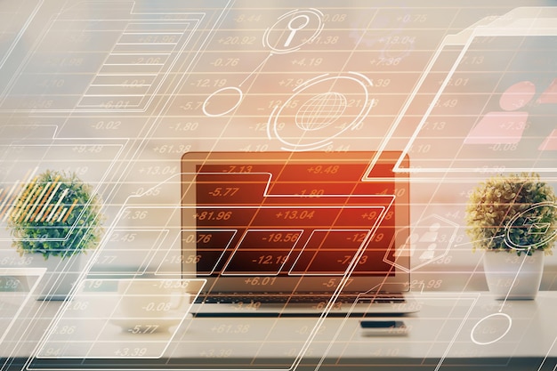 Double exposure of table with computer on background and data theme drawing Concept of innovation