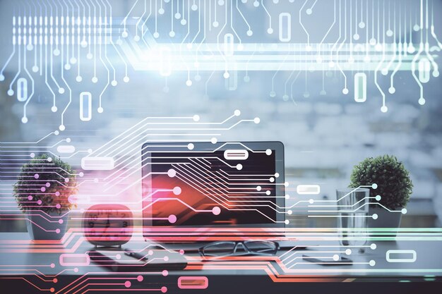 double exposure of table with computer on background and data theme drawing concept of innovation
