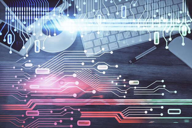 Double exposure of technology theme drawing over work table desktop Top view Global data analysis concept